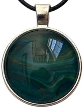 Svetlana Yeung Hand Crafted Teal Green Fluid Art Round Pendant Cord Necklace
